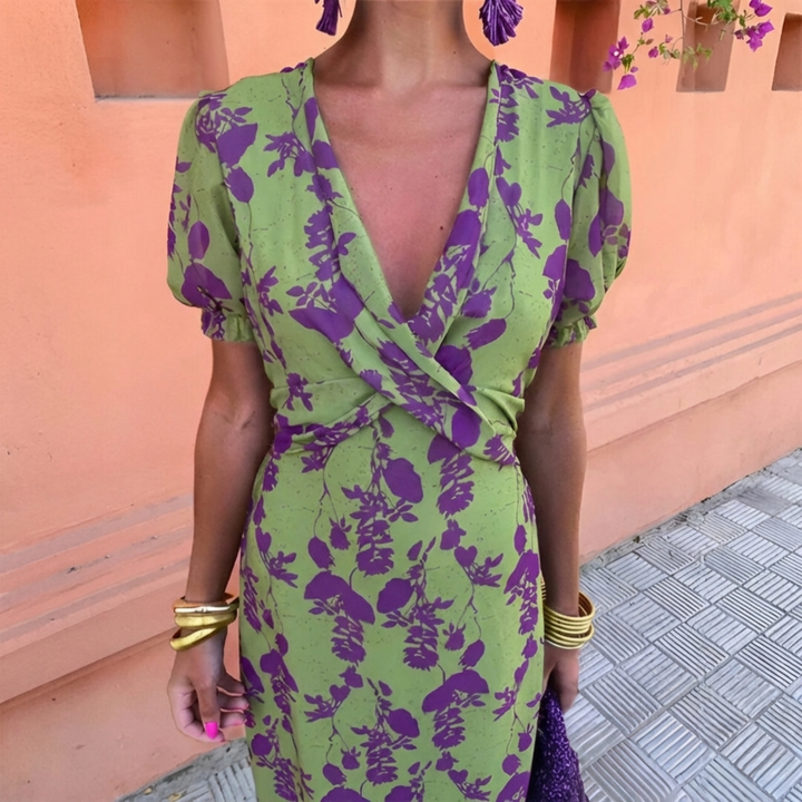 Ernestina™ | Tummy Flattering Long Floral Green Dress