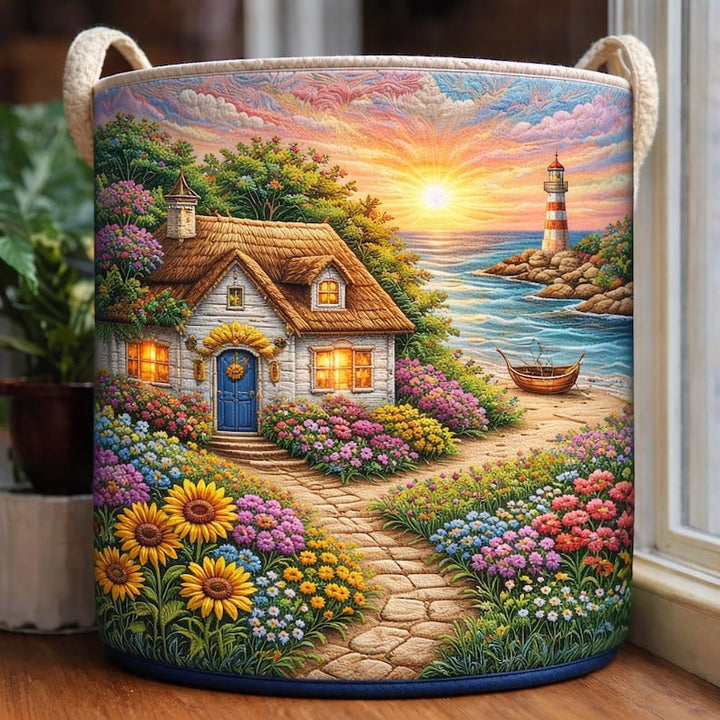 Cottage &amp; Lighthouse Scene Quilted Laundry Basket
