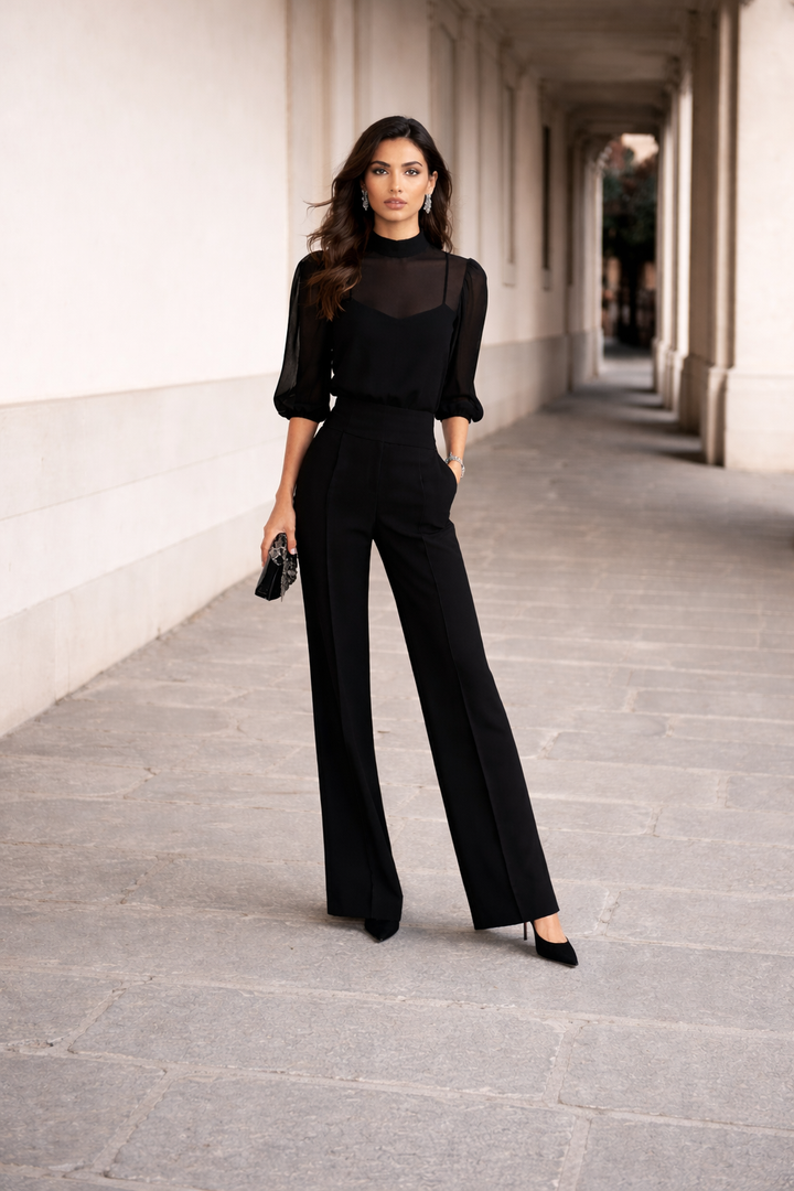 Valentina | Three-Piece Set with Sheer Top and Wide-Leg Pants