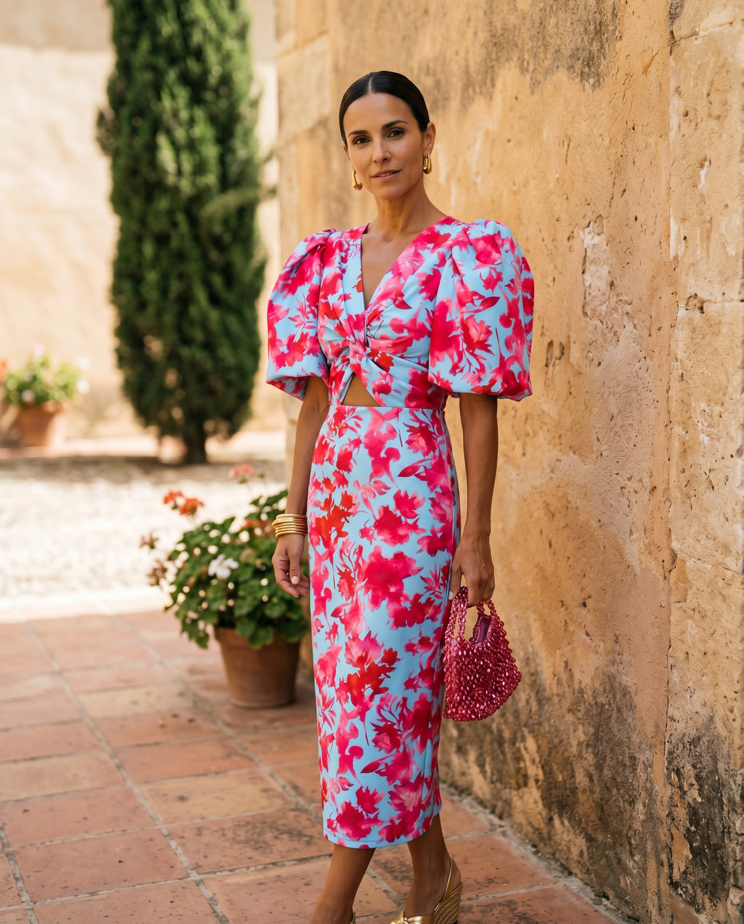 Carla™ | Tummy Flattering Floral Midi Dress with Puff Sleeves