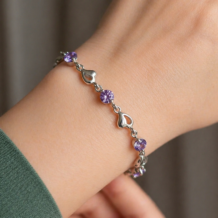 Heart Charm Amethyst White Gold Bracelet
